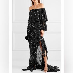 NWT BALMAIN Off-the-shoulder Ruffled Polka-dot Silk-chiffon Maxi Dress - Size 4